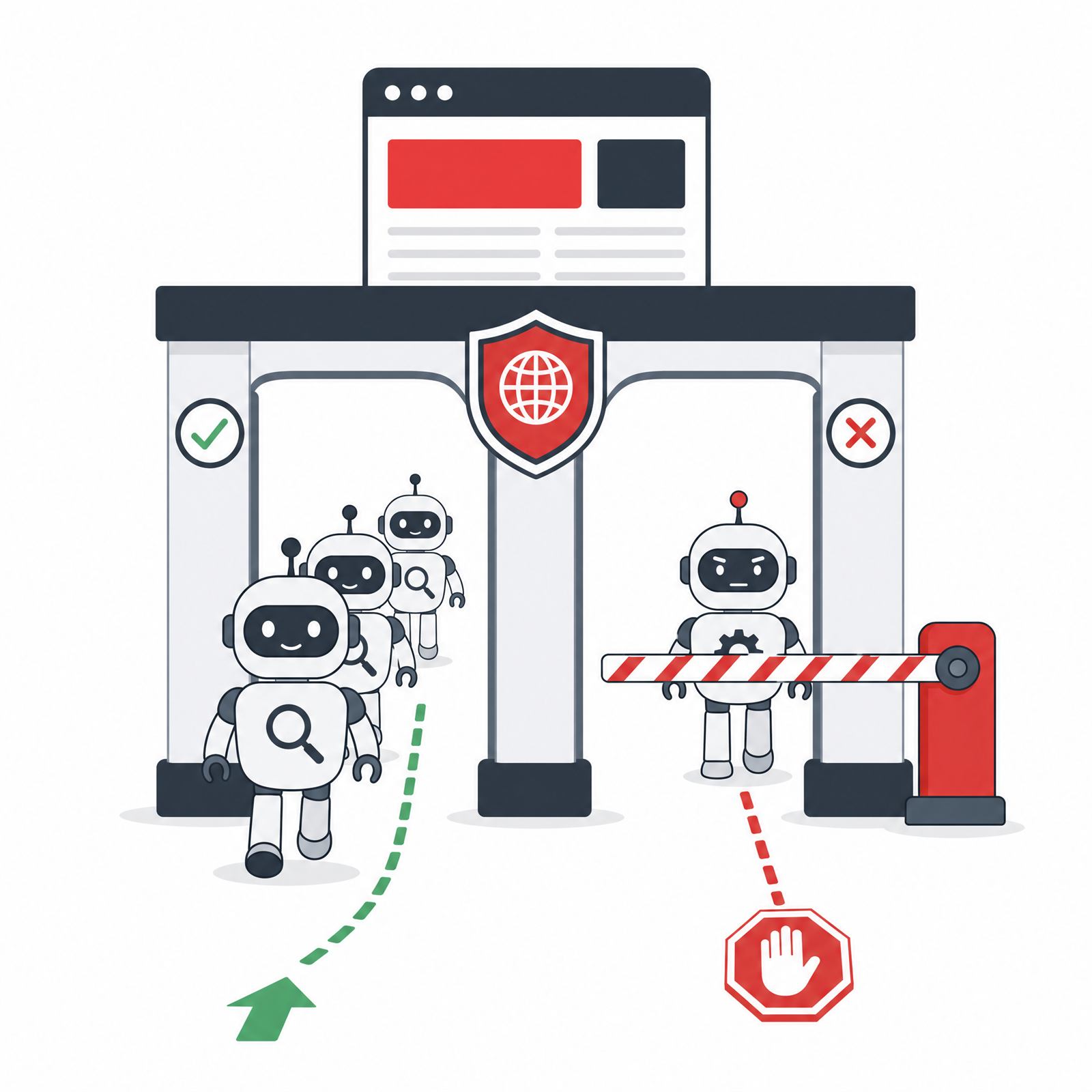 Illustration of AI search bots being allowed through a website's gate while a blocking bot is stopped by a barrier