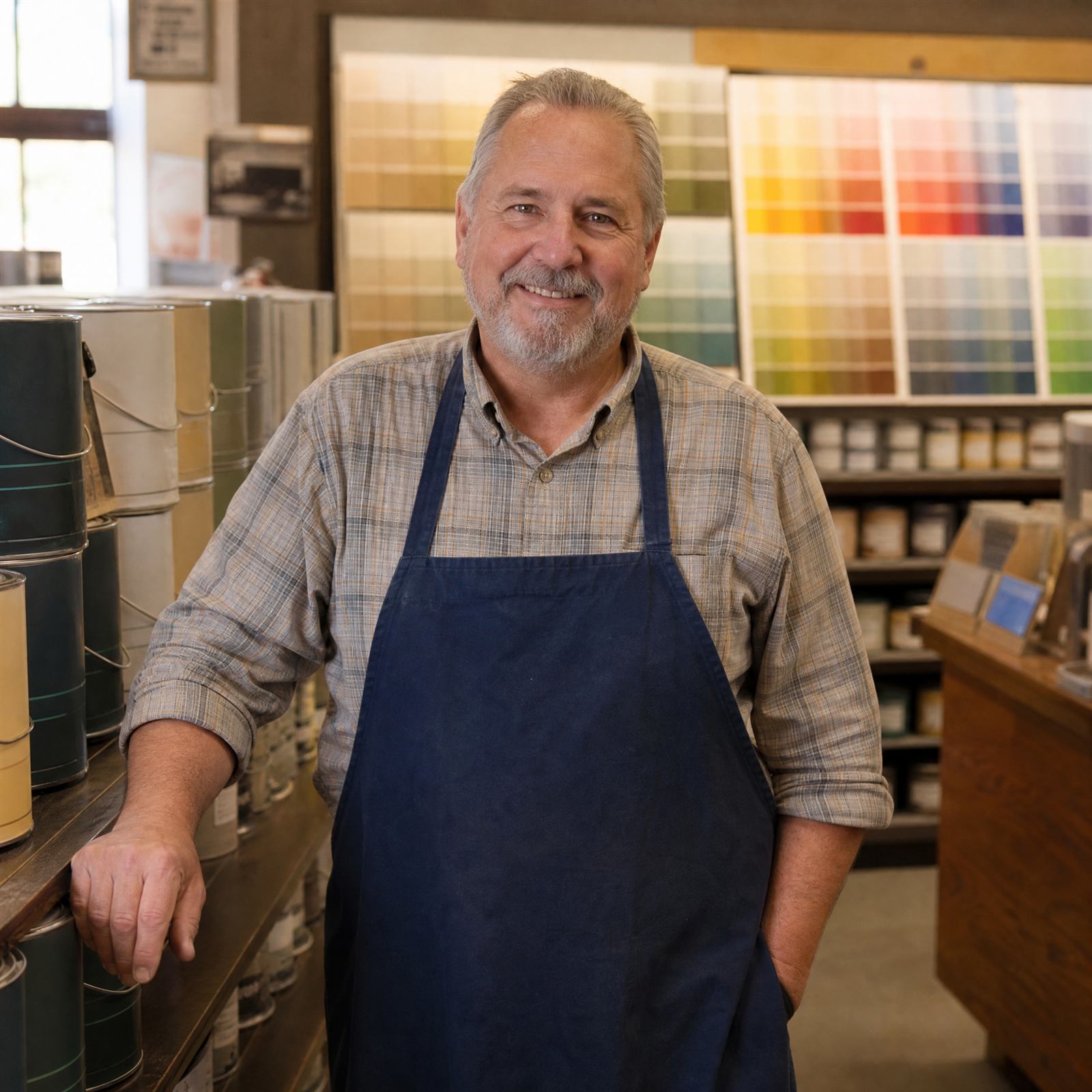 Hardware store owner in an apron standing among paint cans and colour swatches