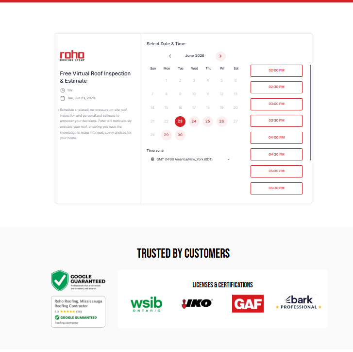 Roho Roofing Group booking page — book a free roof inspection
