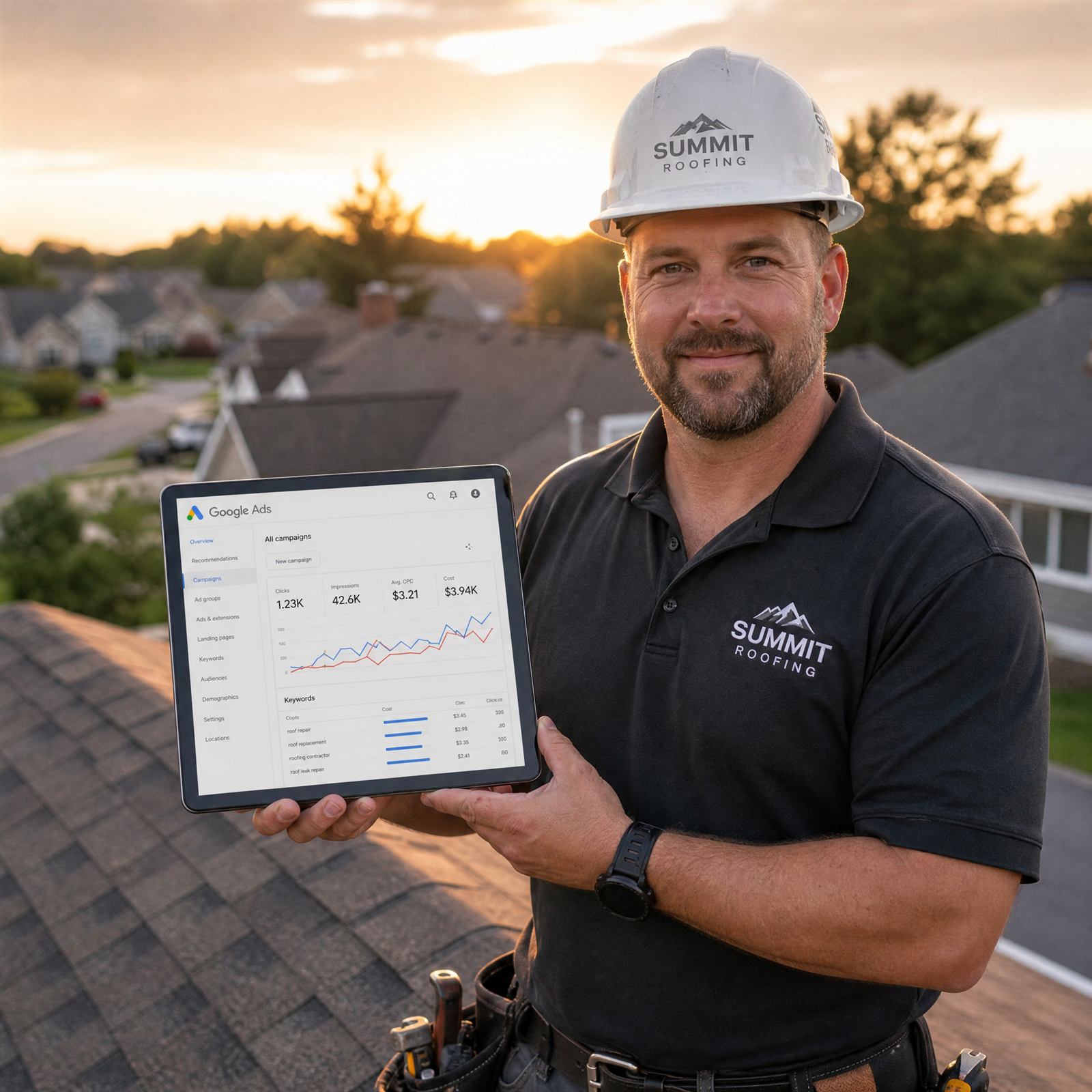 Roofing contractor reviewing a Google Ads dashboard on a tablet at a jobsite